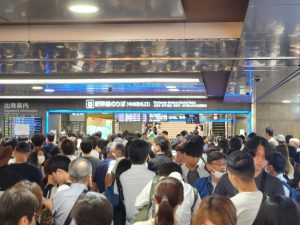 突然の新幹線運行中止で、大パニックです。駅の外まで人が溢れて改札口まで行けません！